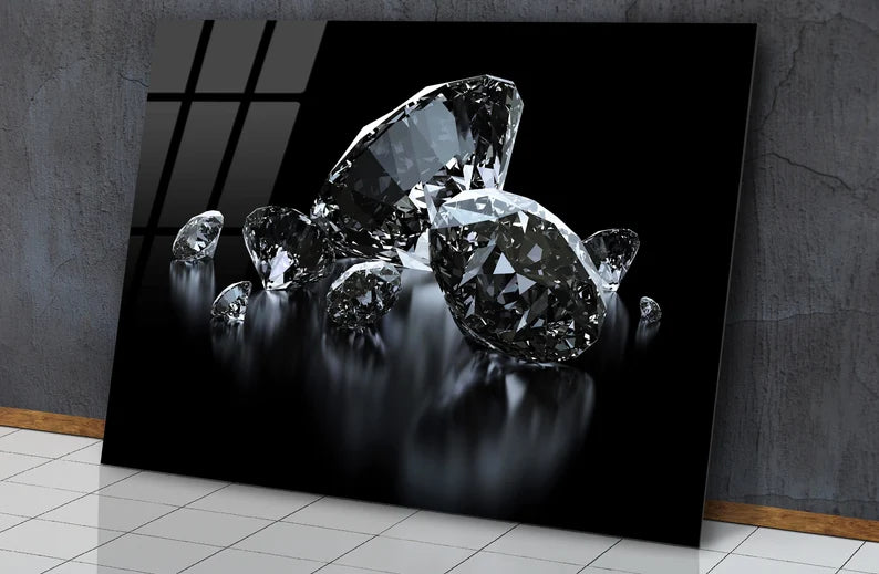 Quadri da parete in vetro con diamanti di lusso su sfondo nero, vetro temperato con diamanti scintillanti,