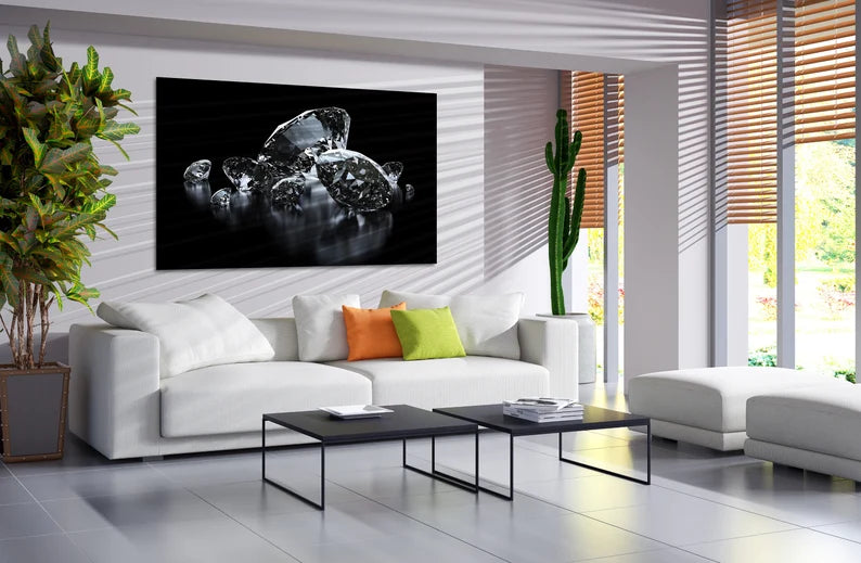 Quadri da parete in vetro con diamanti di lusso su sfondo nero, vetro temperato con diamanti scintillanti,