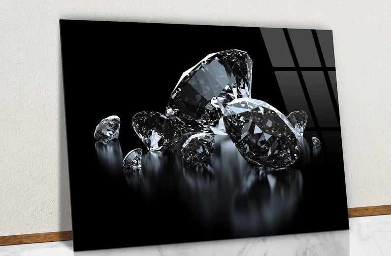 Quadri da parete in vetro con diamanti di lusso su sfondo nero, vetro temperato con diamanti scintillanti,