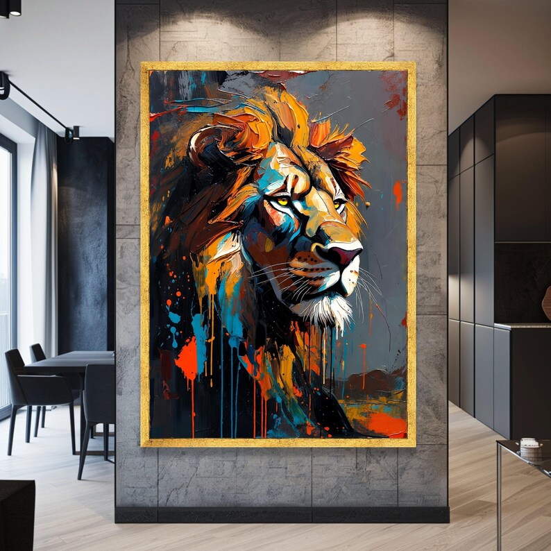 Ritratto di leone maestoso su tela, dipinto astratto ad olio per pareti, decorazione con animali vivaci, tela safari moderna
