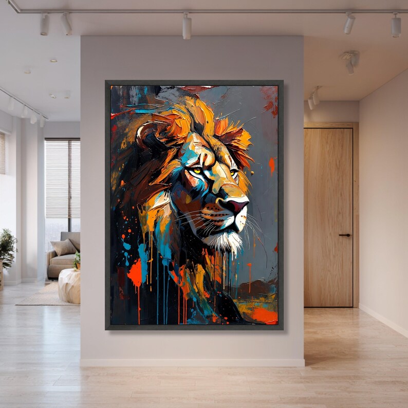 Ritratto di leone maestoso su tela, dipinto astratto ad olio per pareti, decorazione con animali vivaci, tela safari moderna