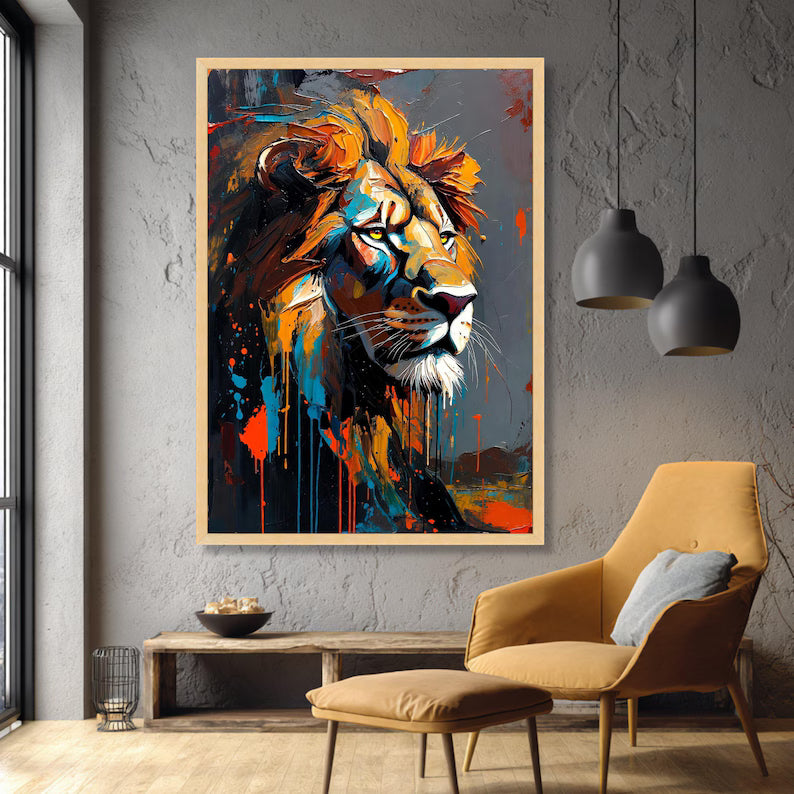 Ritratto di leone maestoso su tela, dipinto astratto ad olio per pareti, decorazione con animali vivaci, tela safari moderna