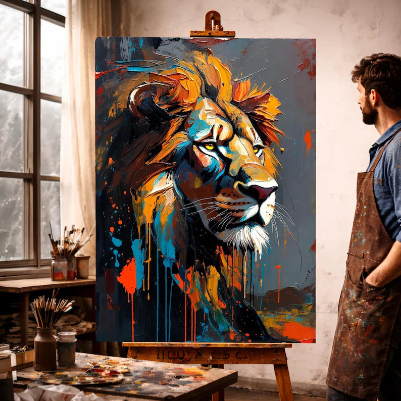 Ritratto di leone maestoso su tela, dipinto astratto ad olio per pareti, decorazione con animali vivaci, tela safari moderna