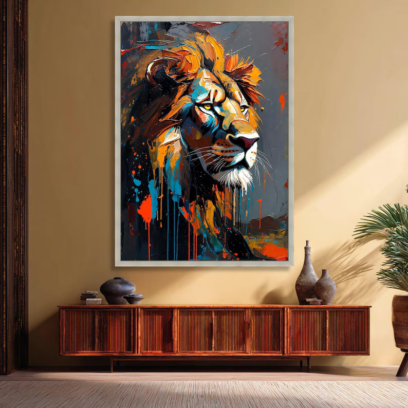 Ritratto di leone maestoso su tela, dipinto astratto ad olio per pareti, decorazione con animali vivaci, tela safari moderna