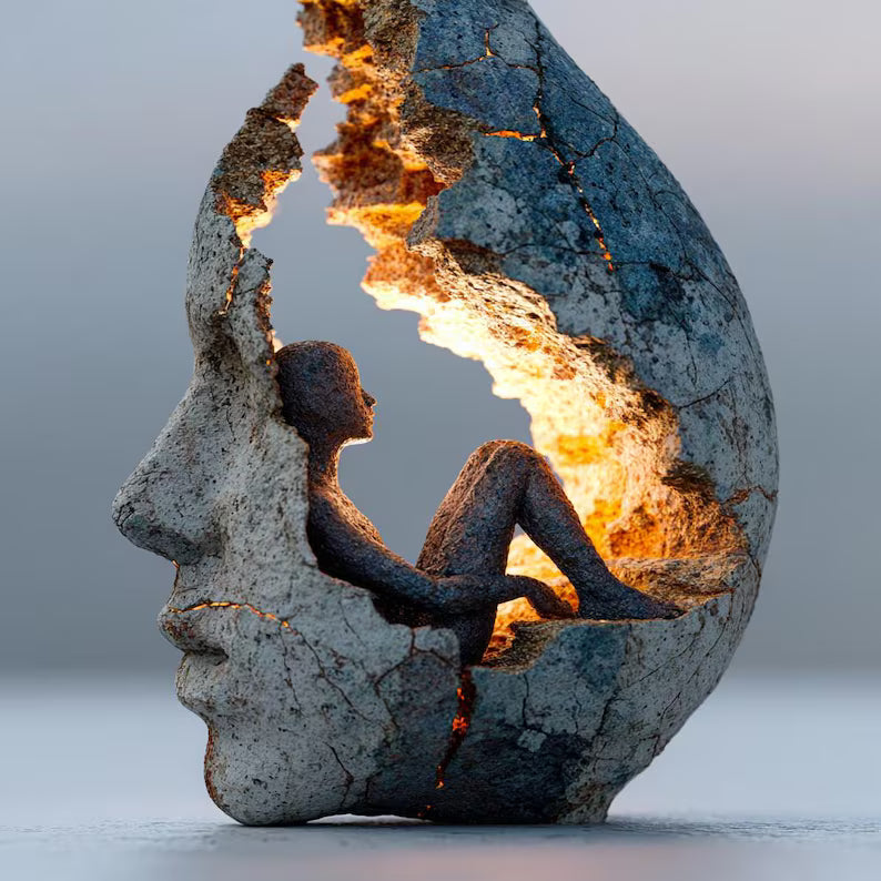 Scultura astratta di un volto, arte inversionista, decorazione interiore, scultura simbolica umana