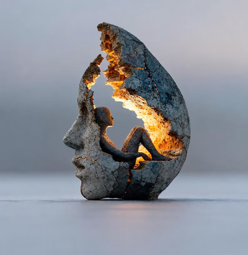 Scultura astratta di un volto, arte inversionista, decorazione interiore, scultura simbolica umana